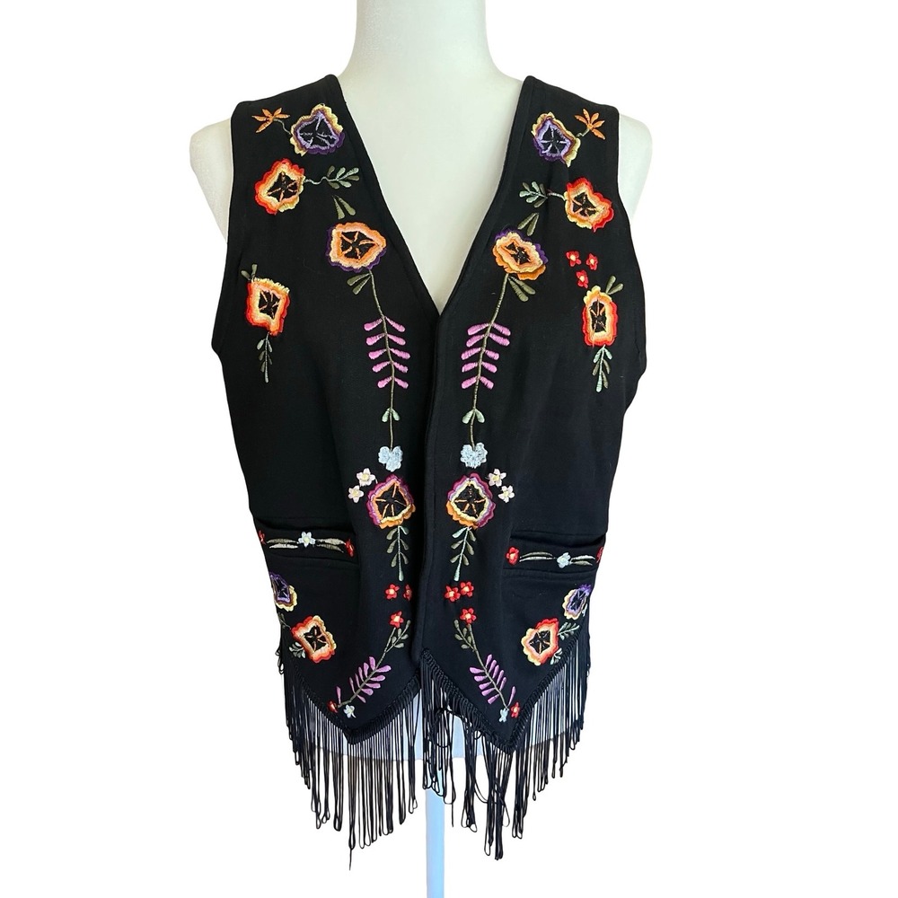 Vintage Joujou Black Floral Embroidered Fringe Vest Sz M Boho Folk Festival Fun